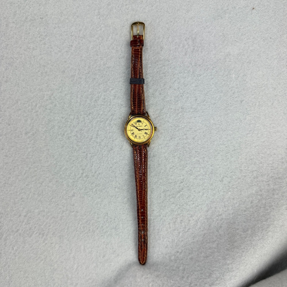 Peugeot Womens Quartz Watch Gold Tone Moon Phase Roman Numeral Brown Leather